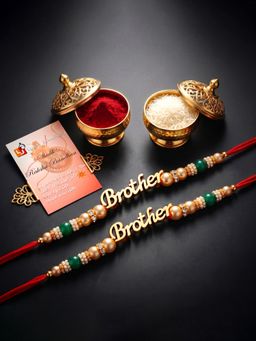LUCKY JEWELLERY - Gold Green Beads Brother Rakhi with Roli Chawal and Card (Pack of 2)