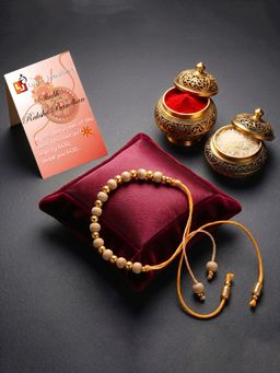 LUCKY JEWELLERY - Tulsi Beads Rakhi for Brother Gold Accents Roli Chawal