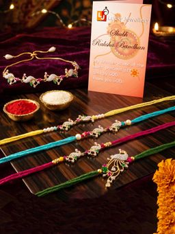 LUCKY JEWELLERY - Gold-Toned Peacock Brother and Bhabhi Rakhi with Roli Card (Pack of 5)