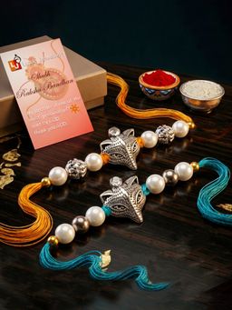 LUCKY JEWELLERY - Oxidised Silver Fox White Beads Rakhi Brother Roli Chawal (Pack of 2)