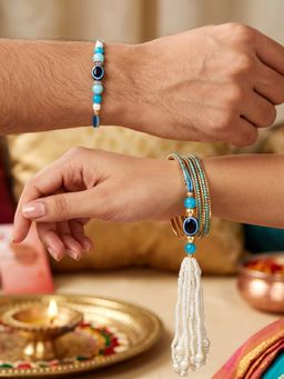 LUCKY JEWELLERY - Bhaiya Bhabhi Evil Eye Lumba Rakhi with Roli Chawal and Card (Pack of 2)