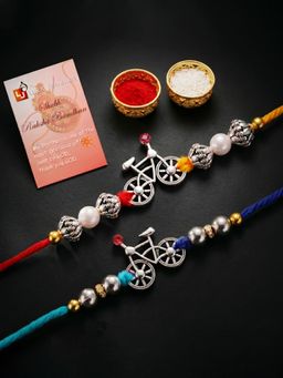 LUCKY JEWELLERY - Silver Bicycle Rakhi with White Metallic Beads for Brother (Pack of 2)