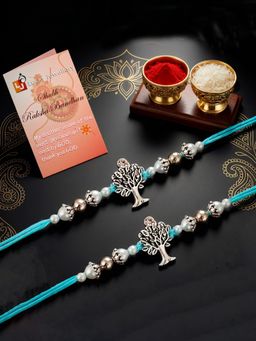 LUCKY JEWELLERY - Silver Tree Of Life Rakhi White Beads with Roli Chawal Card (Pack of 2)