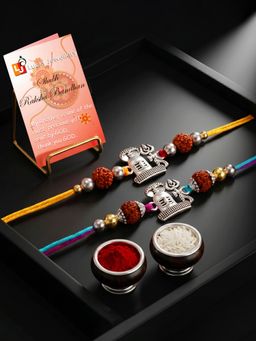 LUCKY JEWELLERY - Silver Shivling Trishul Rakhi with Rudraksha Roli Chawal (Pack of 2)
