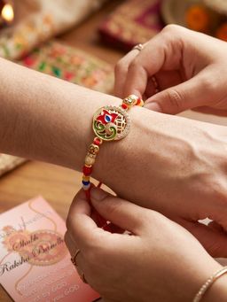 LUCKY JEWELLERY - Enamel Multicolour Beaded Rakhi For Brother With Roli Chawal and Card