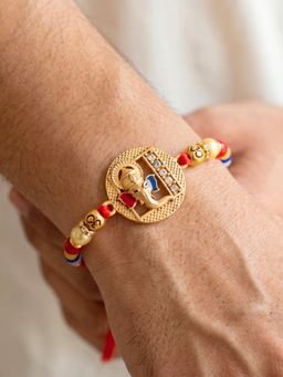 LUCKY JEWELLERY - Ganesha and Spiritual Om Beaded Rakhi Set For Brother Roli Chawal and Card