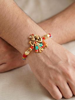LUCKY JEWELLERY - Divine Radha Krishna Beaded Rakhi For Brother With Roli Chawal and Card