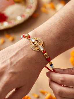 LUCKY JEWELLERY - Spiritual Om Beaded Rakhi Set for Brother Roli Chawal, Card