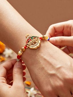 LUCKY JEWELLERY - Shyam and Trishul Om Beaded Rakhi Set For Brother with Roli Chawal and Card