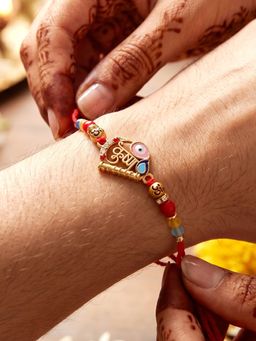LUCKY JEWELLERY - Divine Krishna Bansuri Beaded Rakhi For Brother With Roli Chawal and Card