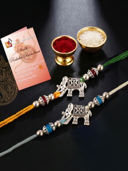 LUCKY JEWELLERY - Silver Elephant Rakhi for Brother Metallic Beads Roli Chawal (Pack of 2)