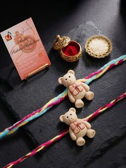 LUCKY JEWELLERY - Cute Teddy Bear Kids Rakhi Colourful Thread with Roli Chawal (Pack of 2)