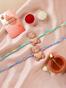 LUCKY JEWELLERY - Cute Teddy Bear Kids Rakhi Colourful Thread, Roli Chawal (Pack of 2)
