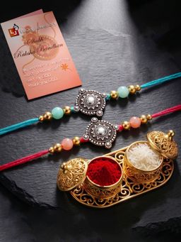 LUCKY JEWELLERY - Oxidised Silver Mandala Pastel Beads Rakhi with Roli Chawal (Pack of 2)