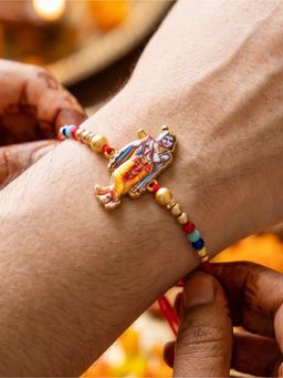 LUCKY JEWELLERY - Krishna Beaded Rakhi Set For Brother With Roli Chawal and Card