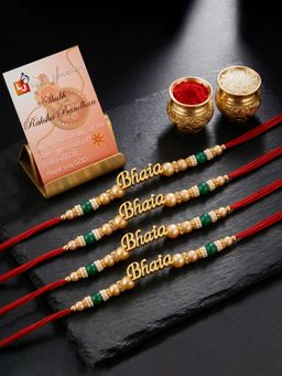 LUCKY JEWELLERY - Gold Bhaiya Green Beads Rakhi for Brothers, Roli Chawal (Pack of 4)