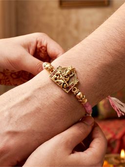 LUCKY JEWELLERY - Designer Lord Ganesha Antique Gold Beads Rakhi Set For Brother Roli Chawal