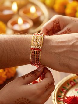 LUCKY JEWELLERY - Designer Broad Rudraksha Style Rakhi for Brother with Roli Chawal and Card