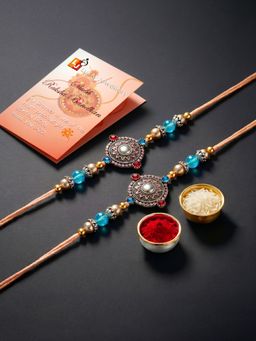 LUCKY JEWELLERY - Oxidised Mandala Silver Blue Beads Rakhi for Brother (Pack of 2)
