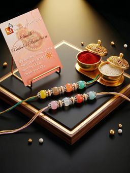 LUCKY JEWELLERY - Multicolour Beaded Rakhi for Brother, Roli Chawal and Card (Pack of 2)