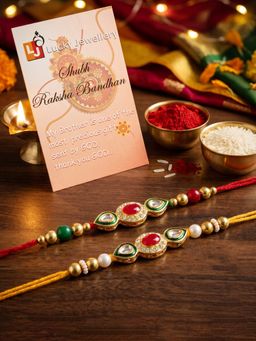 LUCKY JEWELLERY - Designer Kundan Rakhi Maroon Clear Crystals Roli Chawal (Pack of 2)