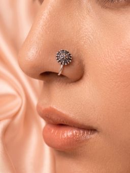925 SILLER - Pure Silver Vintage Floral Oxidized Nose Pin for Women and Girls