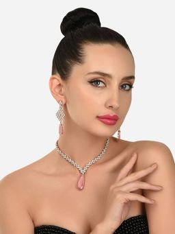 Zaveri Pearls - Pink Dazzling Cubic Zirconia Bling Necklace & Earring Set-ZPFK15230