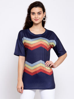 IKI CHIC - Navy Blue Colorful Wave Stripe Short Sleeve Tees