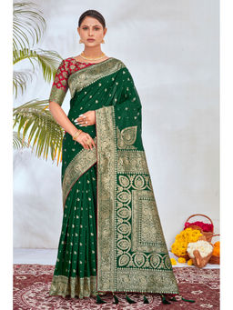 Monjolika Fashion - Dark Green Color Banarasi Silk Saree with Unstitched Blouse