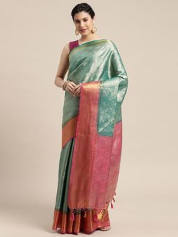 Mimosa - Women's Kanjivaram Art Silk Teal Saree with Unstitched Blouse