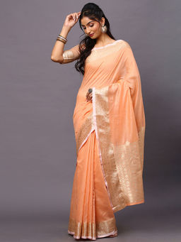 Akhilam - Women's Linen Blend Peach Woven Design Designer Saree with Unstitched Blouse