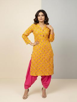 Varanga - Mustard Printed Kurta and Contrast Farsi Salwar