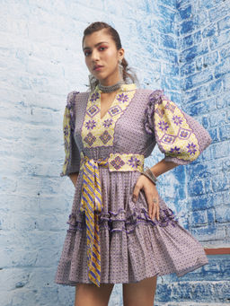 Bhanuni by Jyoti - Women Printed Dream Purple Mini Dress with Belt