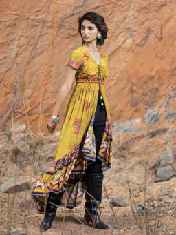 Bhanuni by Jyoti - Women Printed Canary Yellow Midi Dress