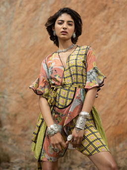 Bhanuni by Jyoti - Women Printed Dandelion Yellow Wrap Mini Dress