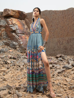 Bhanuni by Jyoti - Women Printed Carolina Blue Maxi Dress