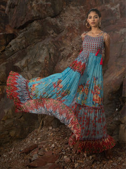 Bhanuni by Jyoti - Women Printed Azure Blue Maxi Dress