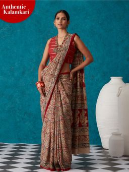 Likha - Maroon Kalamkari Hand Block Printed Saree with Unstitched Blouse LIKSAR03 (One Size)