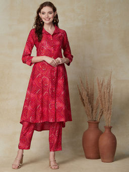 FASHOR - Ethnic Bandhani Printed A-line Asymmetric Hem Kurta with Pants - Magenta (Set of 2)
