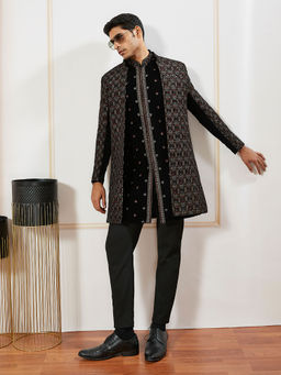 Vastramay - Mens Velvet Embroidered Front Open Sherwani Over Kurta with Pant (Set of 3)