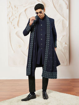 Vastramay - Mens Elegant Silk Blend Sherwani and Pant with Embroidered Dupatta (Set of 4)