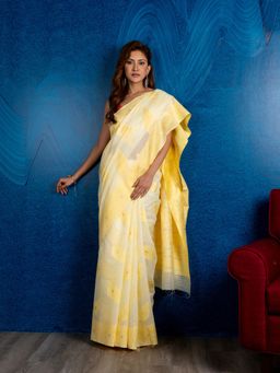 Beatitude - White Yellow Ethnic Motifs Saree with Unstitched Blouse