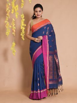 CHARUKRITI - Blue Cotton Handwoven Zari Ethnic Motifs & Dual Borders Saree with Unstitched Blouse