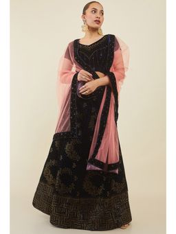 Soch - Women Navy Blue Velvet Unstiched Lehenga with Floral and Geometric Stone (Set of 3)