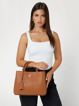 Guess - Women Brown Solid Satchel Bag With Zip Closure With Detachable Strap