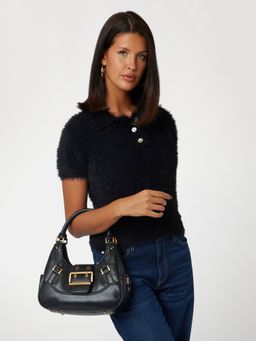 Guess - Black Solid Decor Vintage Hobo Bag with Detachable Strap