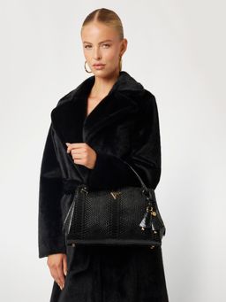 Guess - Black Textured Annita Girlfriend Satchel Bag with Detachable Strap