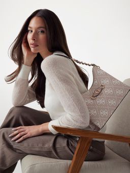 Guess - Sand Beige Printed Izzy Top Zip Shoulder Bag