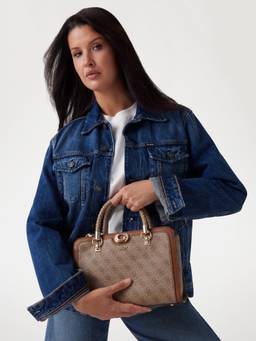 Guess - Brown Logo Printed Orlina Logo Society Satchel Bag