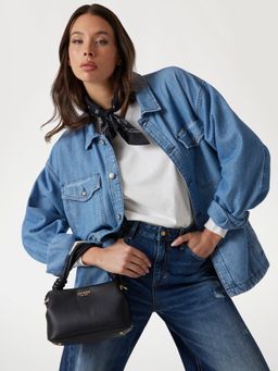 Guess - Black Solid Polyurethane Sansa Top Handle Sling Bag